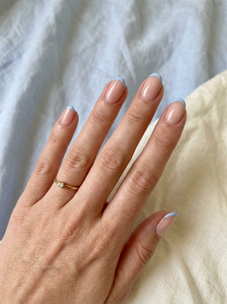 Short Baby Blue French Nails mit feinen babyblauen Spitzen